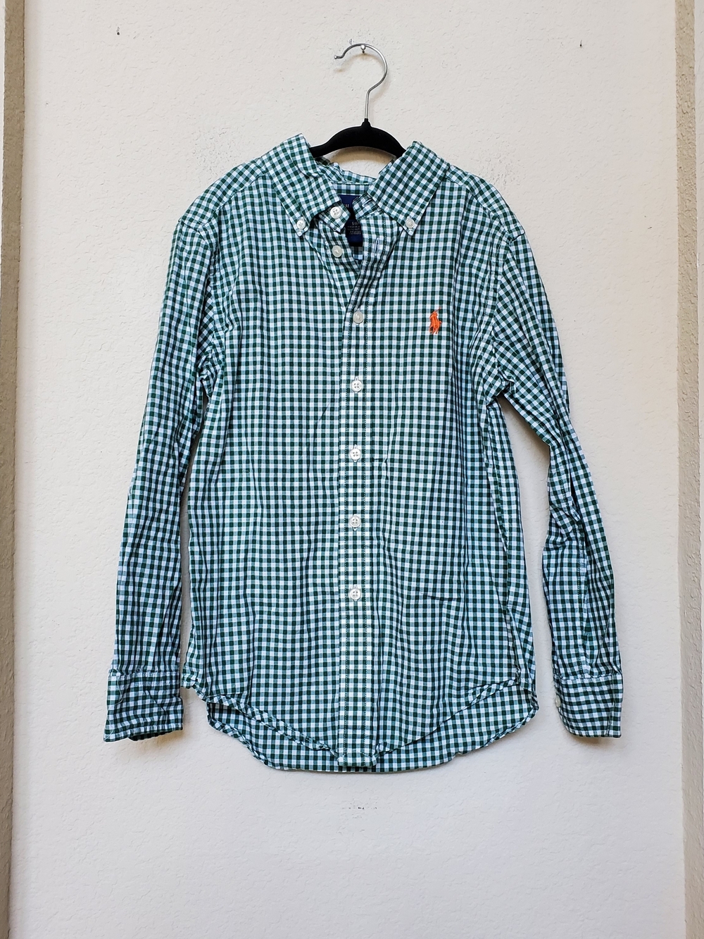 Ralph Lauren Green and White Gingham Button-Down with Orange Polo Logo. Sz 8